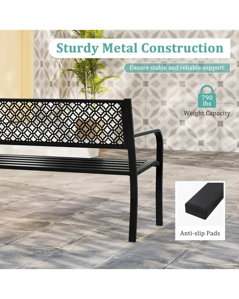 50 Inches Outdoor Garden Bench with Geometric Lattice Backrest and Slatted Seat-Black - Black - Outdoor Benches