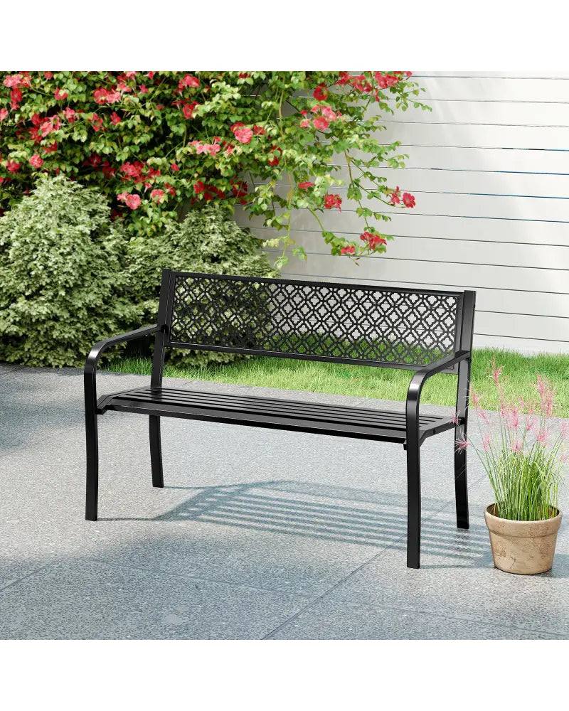 50 Inches Outdoor Garden Bench with Geometric Lattice Backrest and Slatted Seat-Black - Black - Outdoor Benches