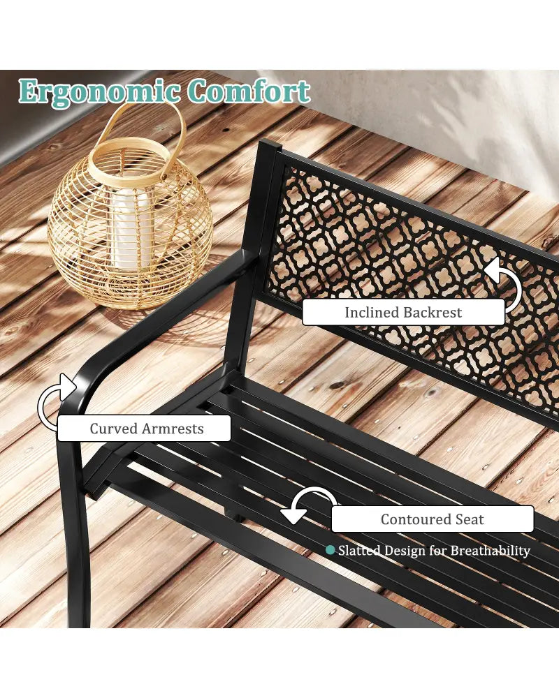 50 Inches Outdoor Garden Bench with Geometric Lattice Backrest and Slatted Seat-Black - Black - Outdoor Benches