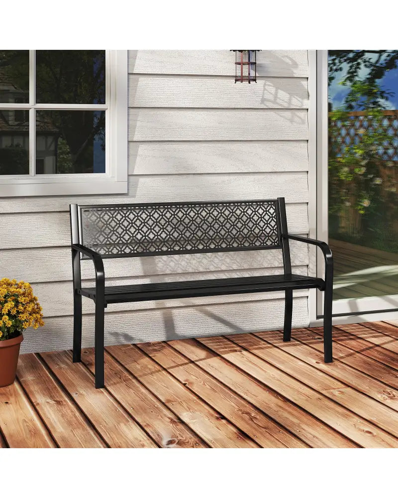 50 Inches Outdoor Garden Bench with Geometric Lattice Backrest and Slatted Seat-Black - Black - Outdoor Benches