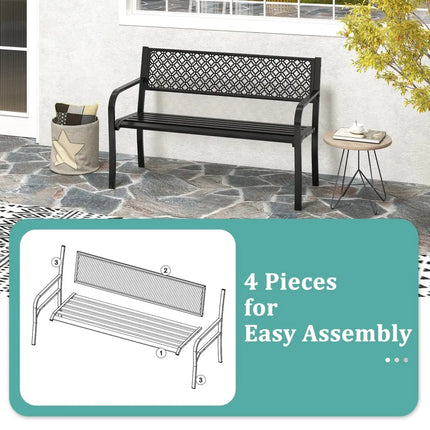 50 Inches Outdoor Garden Bench with Geometric Lattice Backrest and Slatted Seat-Black - Black - Outdoor Benches