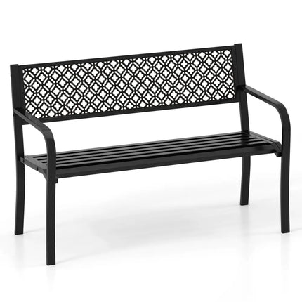 50 Inches Outdoor Garden Bench with Geometric Lattice Backrest and Slatted Seat-Black - Black - Outdoor Benches