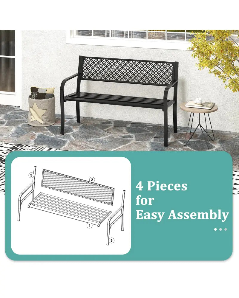 50 Inches Outdoor Garden Bench with Geometric Lattice Backrest and Slatted Seat-Black - Black - Outdoor Benches