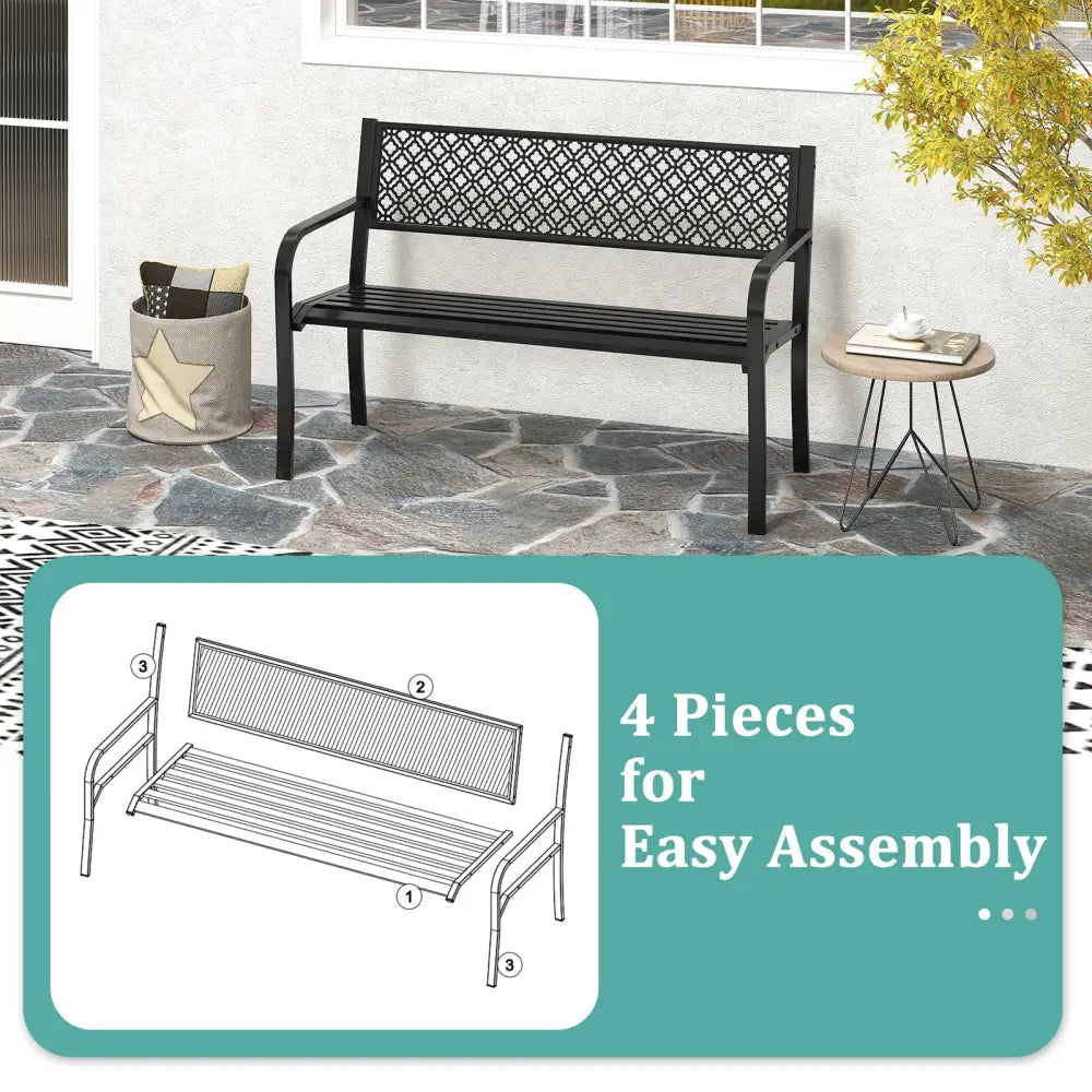 50 Inches Outdoor Garden Bench with Geometric Lattice Backrest and Slatted Seat-Black - Black - Outdoor Benches