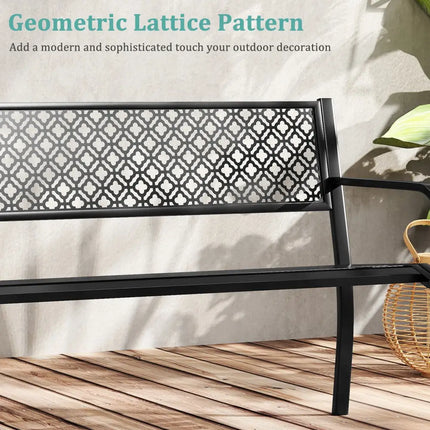 50 Inches Outdoor Garden Bench with Geometric Lattice Backrest and Slatted Seat-Black - Black - Outdoor Benches