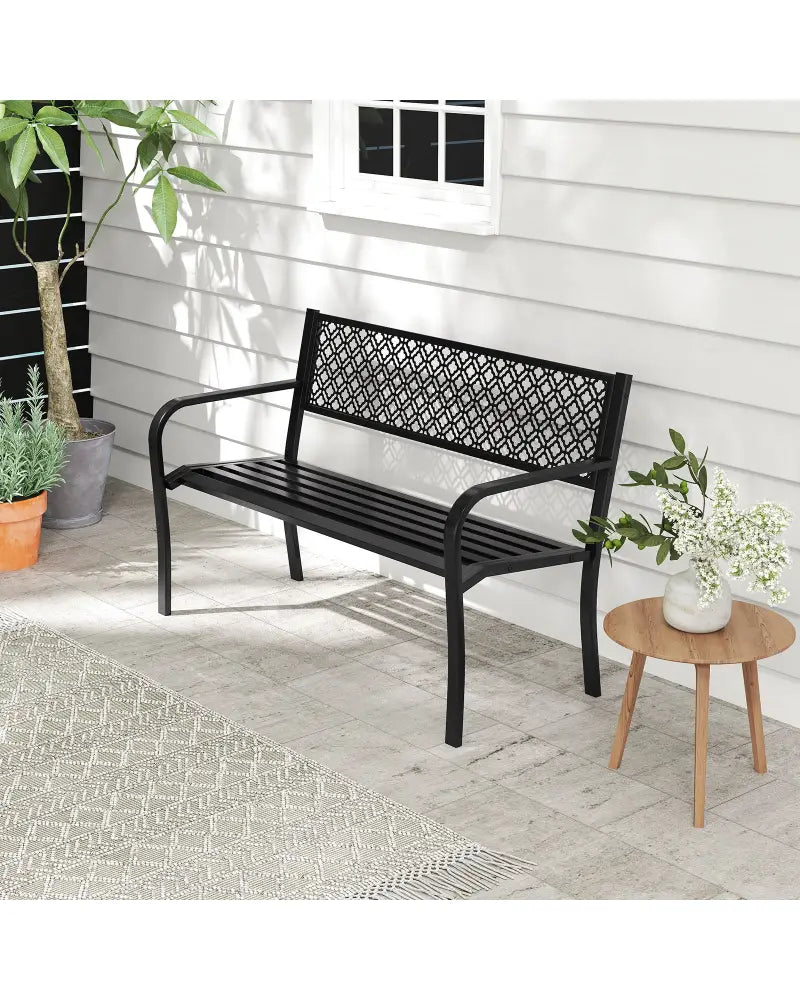 50 Inches Outdoor Garden Bench with Geometric Lattice Backrest and Slatted Seat-Black - Black - Outdoor Benches