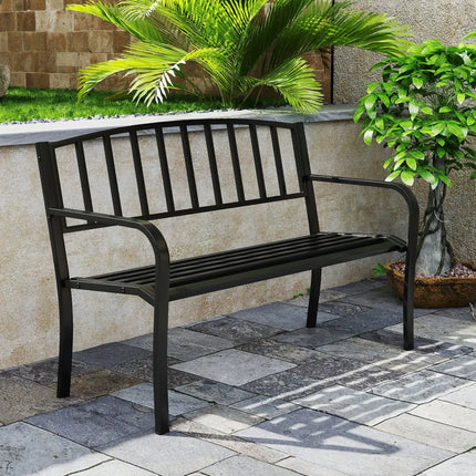 50 Inches Outdoor Garden Bench with Slatted Backrest and Curved Armrests-Black - Black - Outdoor Benches