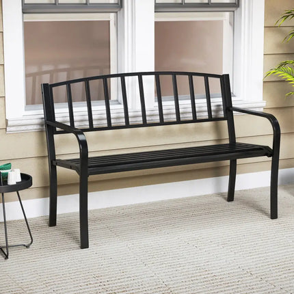 50 Inches Outdoor Garden Bench with Slatted Backrest and Curved Armrests-Black - Black - Outdoor Benches