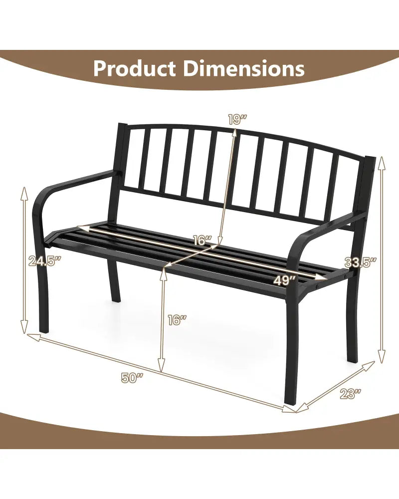 50 Inches Outdoor Garden Bench with Slatted Backrest and Curved Armrests-Black - Black - Outdoor Benches