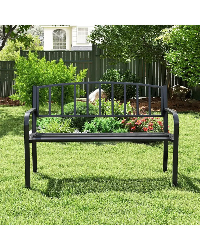 50 Inches Outdoor Garden Bench with Slatted Backrest and Curved Armrests-Black - Black - Outdoor Benches
