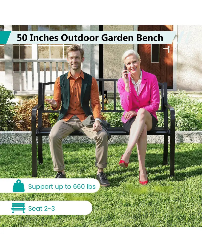 50 Inches Outdoor Garden Bench with Slatted Backrest and Curved Armrests-Black - Black - Outdoor Benches