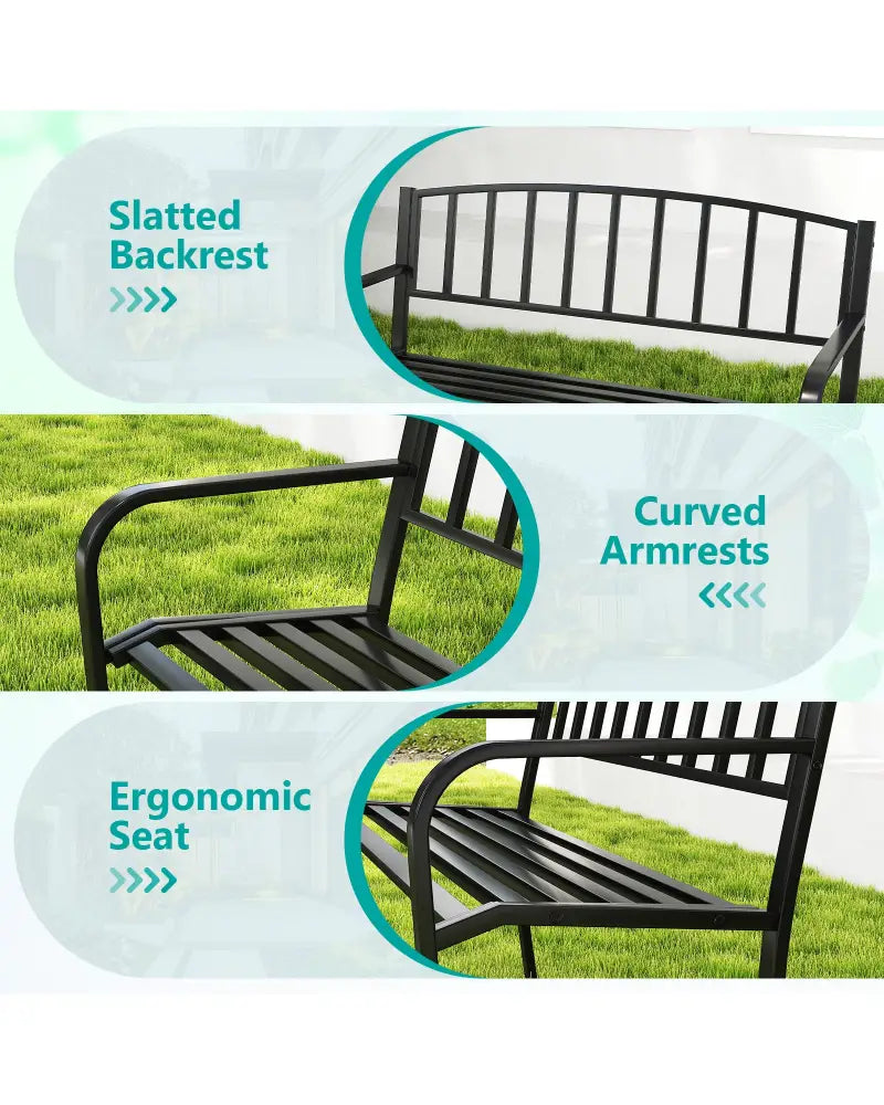 50 Inches Outdoor Garden Bench with Slatted Backrest and Curved Armrests-Black - Black - Outdoor Benches