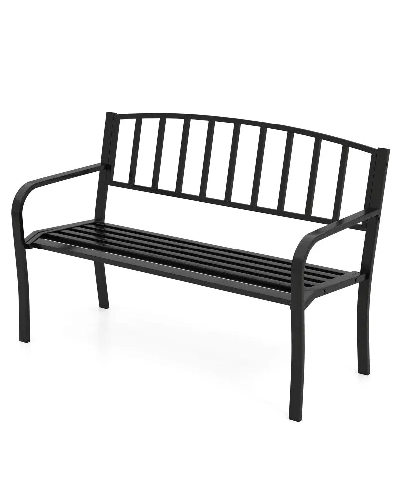 50 Inches Outdoor Garden Bench with Slatted Backrest and Curved Armrests-Black - Black - Outdoor Benches
