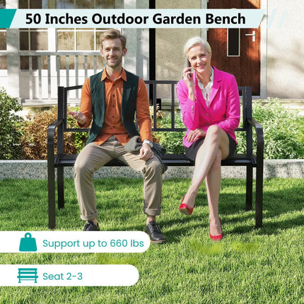 50 Inches Outdoor Garden Bench with Slatted Backrest and Curved Armrests-Black - Black - Outdoor Benches