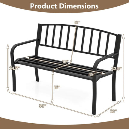 50 Inches Outdoor Garden Bench with Slatted Backrest and Curved Armrests-Black - Black - Outdoor Benches