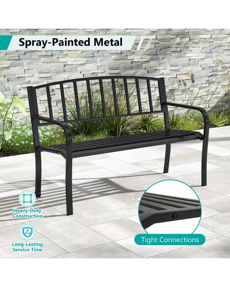 50 Inches Outdoor Garden Bench with Slatted Backrest and Curved Armrests-Black - Black - Outdoor Benches