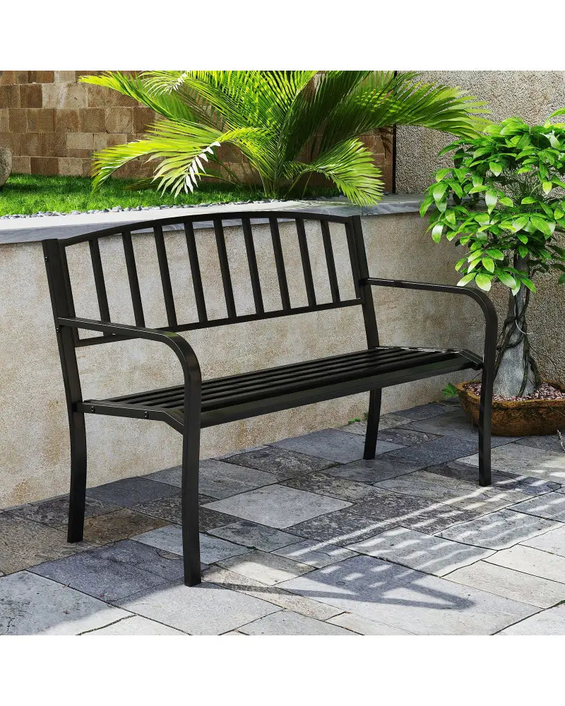 50 Inches Outdoor Garden Bench with Slatted Backrest and Curved Armrests-Black - Black - Outdoor Benches