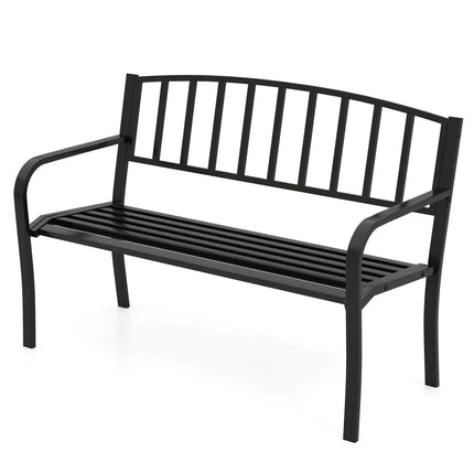 50 Inches Outdoor Garden Bench with Slatted Backrest and Curved Armrests-Black - Black - Outdoor Benches