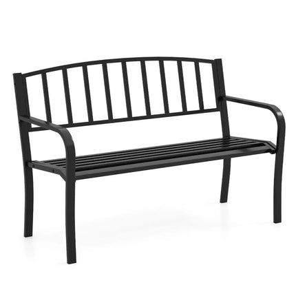 50 Inches Outdoor Garden Bench with Slatted Backrest and Curved Armrests-Black - Black - Outdoor Benches