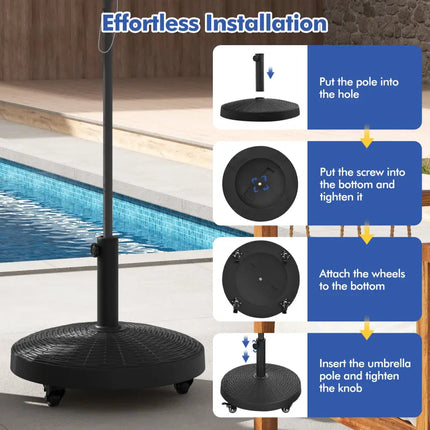 50 LBS Patio Wicker Style Resin Umbrella Base Stand Heavy Duty with Wheels - Black - Outdoor Umbrella Bases