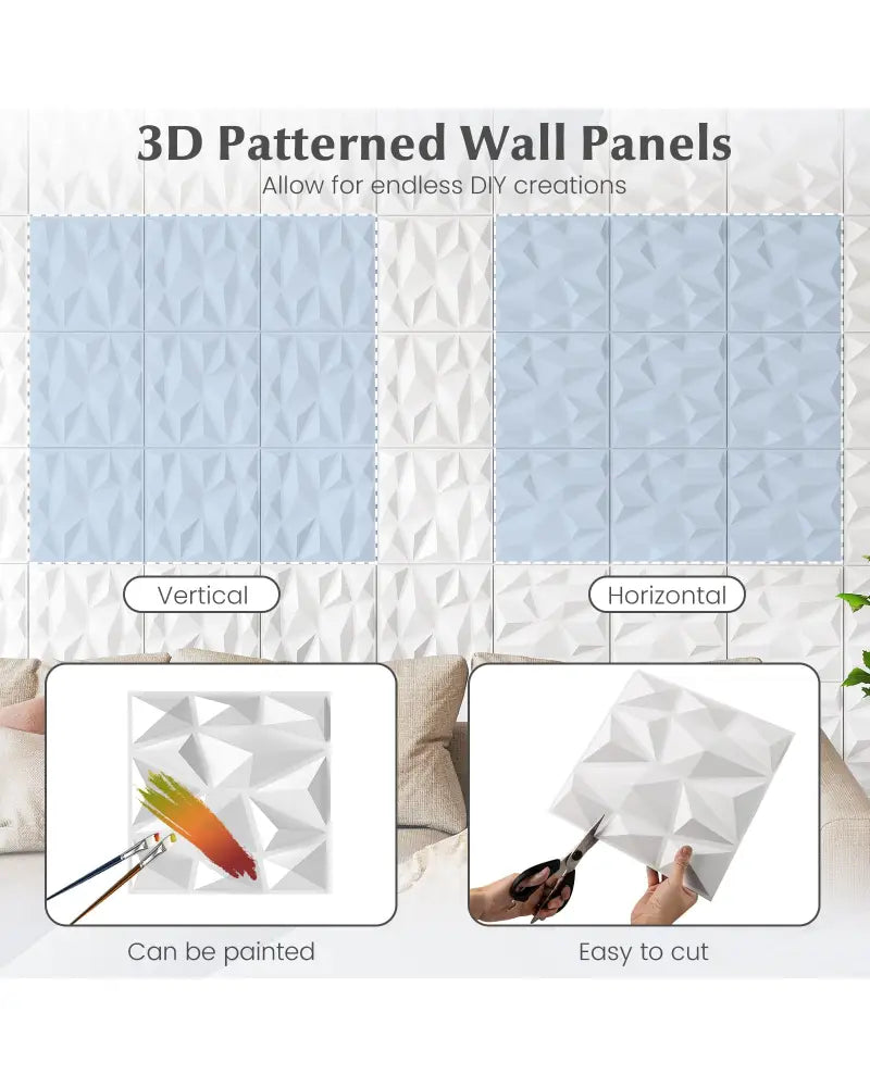 50-Pack 3D Wall Panels PVC Interior Wall Decoration with Diamond Accent-White - White - Wall Decor