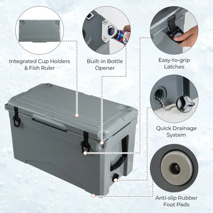 50 QT Rotomolded Cooler Insulated Portable Ice Chest with Integrated Cup Holders-Gray - Gray - Coolers