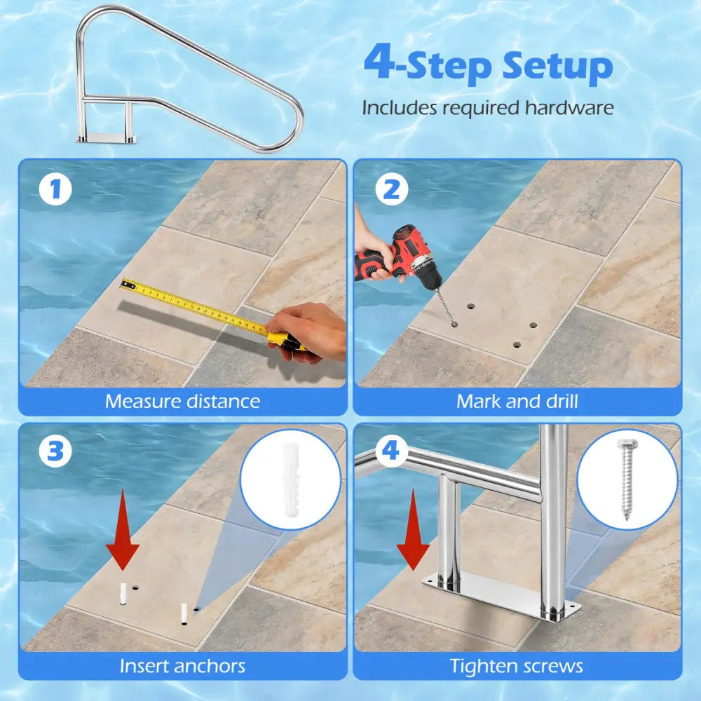 50 x 30 Inch Pool Handrail with Mount Base Plate for Water Parks-Silver - Silver - Swimming Pools
