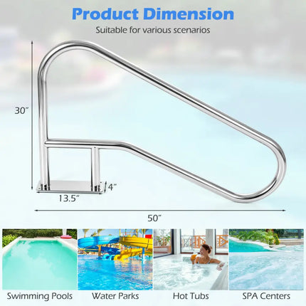 50 x 30 Inch Pool Handrail with Mount Base Plate for Water Parks-Silver - Silver - Swimming Pools