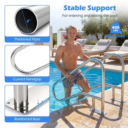 50 x 30 Inch Pool Handrail with Mount Base Plate for Water Parks-Silver - Silver - Swimming Pools