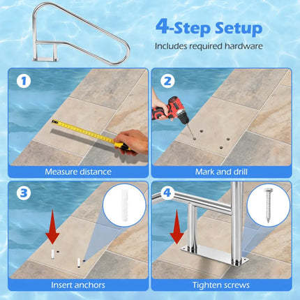 50 x 30 Inch Pool Handrail with Mount Base Plate for Water Parks-Silver - Silver - Swimming Pools