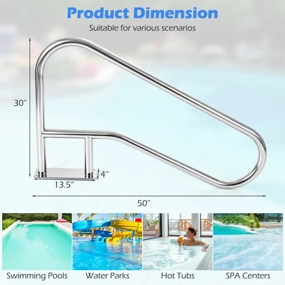 50 x 30 Inch Pool Handrail with Mount Base Plate for Water Parks-Silver - Silver - Swimming Pools