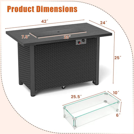 50000 BTU 2 Inch ropane Gas Fire Pit Table with Wind Guard and Glass Rocks-Black - Black - Fire Pit Tables