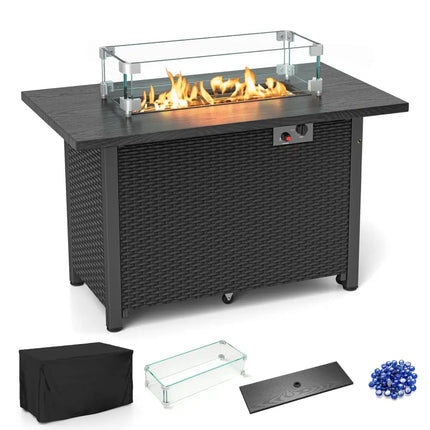 50000 BTU 2 Inch ropane Gas Fire Pit Table with Wind Guard and Glass Rocks-Black - Black - Fire Pit Tables