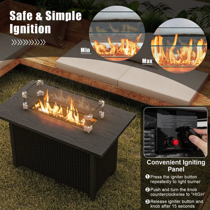 50000 BTU 2 Inch ropane Gas Fire Pit Table with Wind Guard and Glass Rocks-Black - Black - Fire Pit Tables