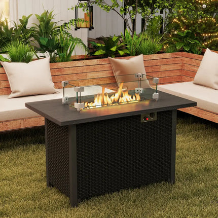 50000 BTU 2 Inch ropane Gas Fire Pit Table with Wind Guard and Glass Rocks-Black - Black - Fire Pit Tables