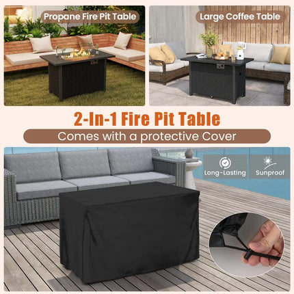 50000 BTU 2 Inch ropane Gas Fire Pit Table with Wind Guard and Glass Rocks-Black - Black - Fire Pit Tables