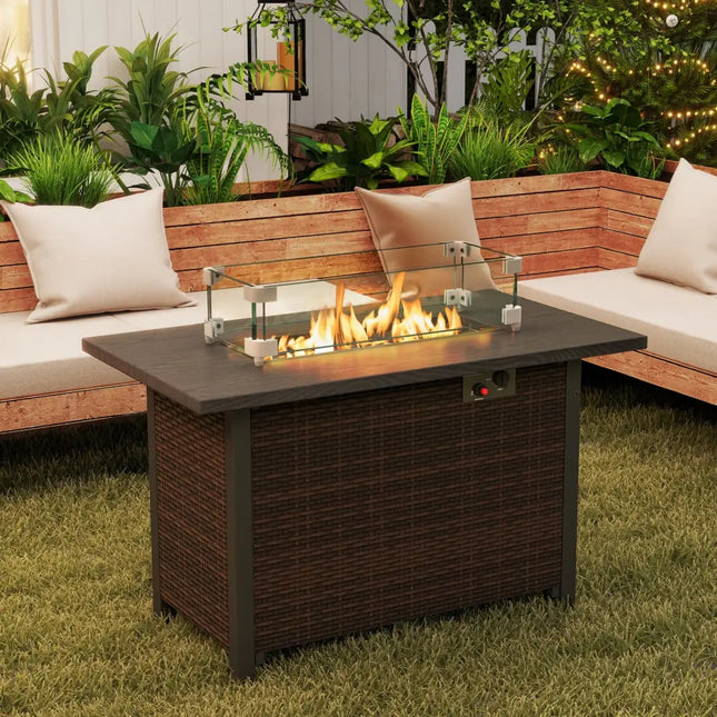 50000 BTU 2 Inch ropane Gas Fire Pit Table with Wind Guard and Glass Rocks-Brown - Brown - Fire Pit Tables