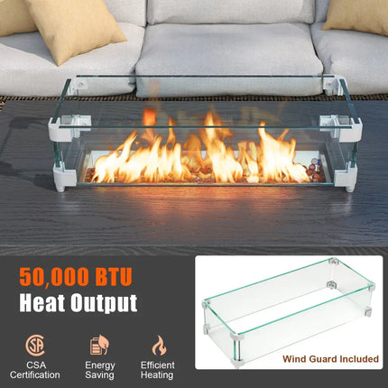 50000 BTU 2 Inch ropane Gas Fire Pit Table with Wind Guard and Glass Rocks-Black - Black - Fire Pit Tables