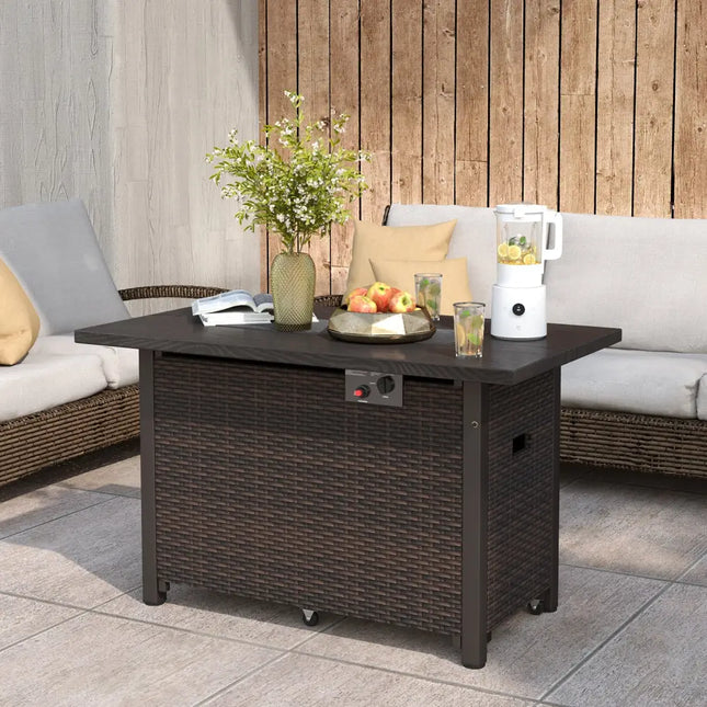 50000 BTU 2 Inch ropane Gas Fire Pit Table with Wind Guard and Glass Rocks-Brown - Brown - Fire Pit Tables
