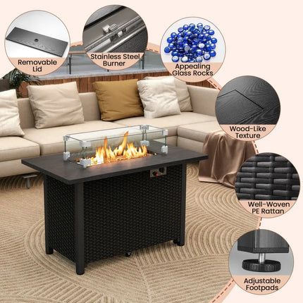 50000 BTU 2 Inch ropane Gas Fire Pit Table with Wind Guard and Glass Rocks-Black - Black - Fire Pit Tables