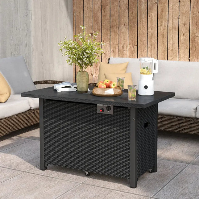 50000 BTU 2 Inch ropane Gas Fire Pit Table with Wind Guard and Glass Rocks-Black - Black - Fire Pit Tables