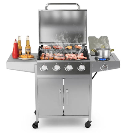 50000BTU 5-Burner Propane Gas Grill with Side Burner and 2 Prep Tables-Silver - Silver - Outdoor