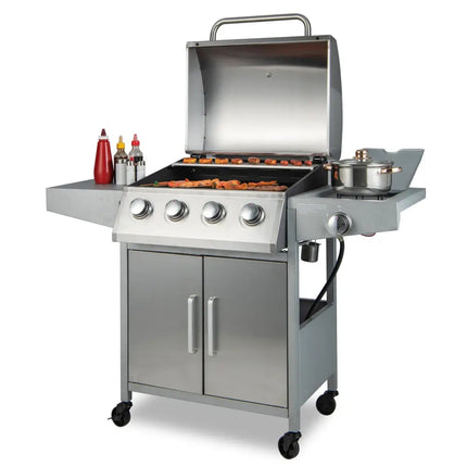 50000BTU 5-Burner Propane Gas Grill with Side Burner and 2 Prep Tables-Silver - Silver - Outdoor