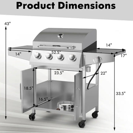 50000BTU 5-Burner Propane Gas Grill with Side Burner and 2 Prep Tables-Silver - Silver - Outdoor