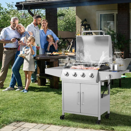 50000BTU 5-Burner Propane Gas Grill with Side Burner and 2 Prep Tables-Silver - Silver - Outdoor