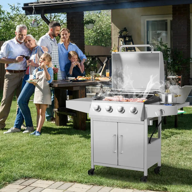 50000BTU 5-Burner Propane Gas Grill with Side Burner and 2 Prep Tables-Silver - Silver - Outdoor
