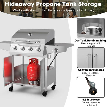 50000BTU 5-Burner Propane Gas Grill with Side Burner and 2 Prep Tables-Silver - Silver - Outdoor