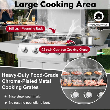 50000BTU 5-Burner Propane Gas Grill with Side Burner and 2 Prep Tables-Silver - Silver - Outdoor