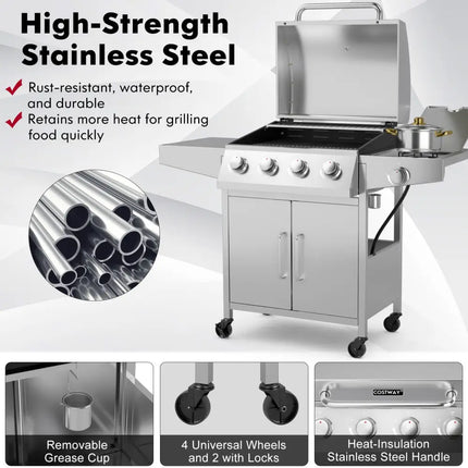 50000BTU 5-Burner Propane Gas Grill with Side Burner and 2 Prep Tables-Silver - Silver - Outdoor