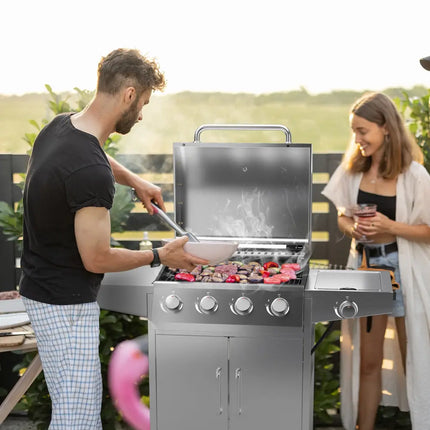 50000BTU 5-Burner Propane Gas Grill with Side Burner and 2 Prep Tables-Silver - Silver - Outdoor